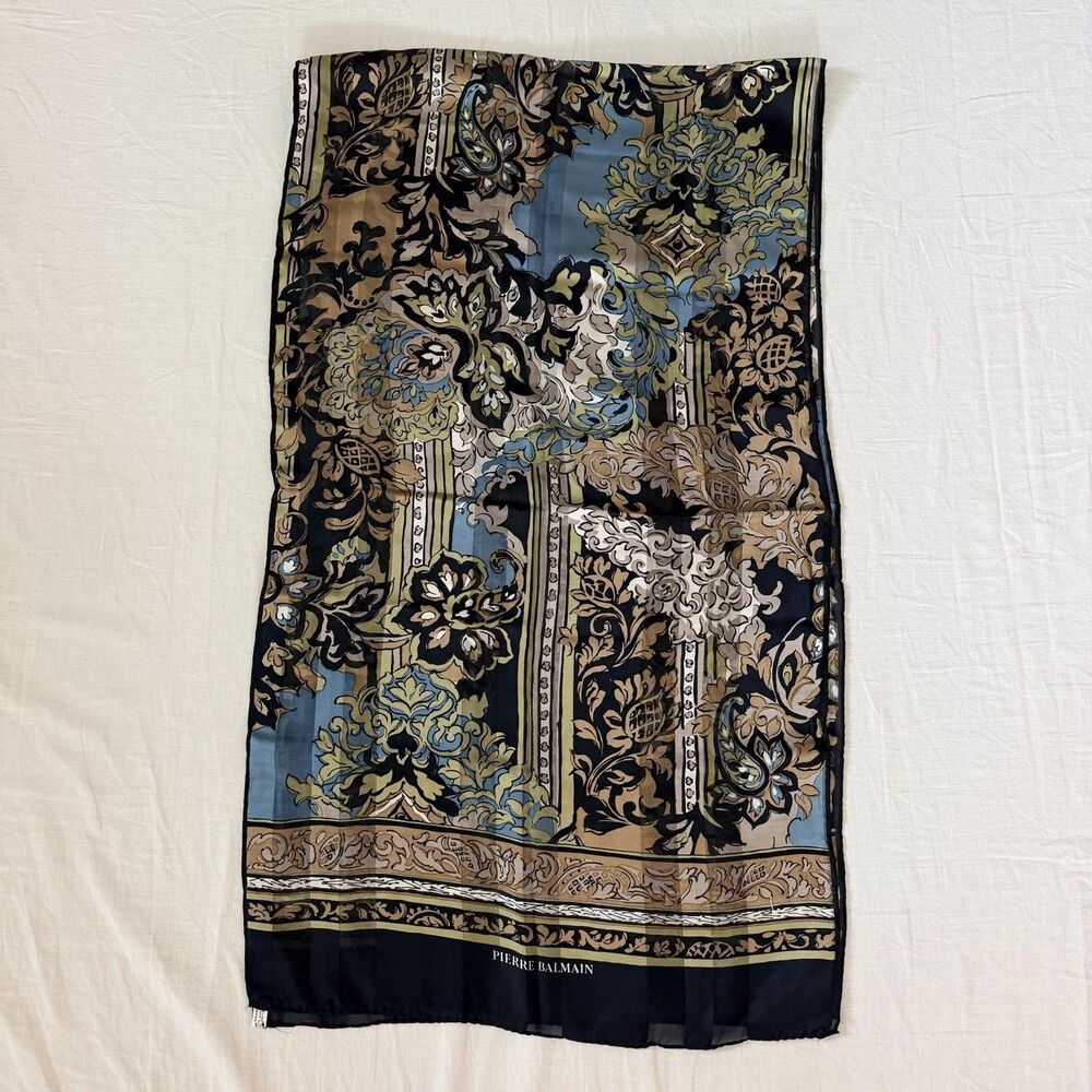 Pierre Balmain Vintage 100% Silk Scarf 17"x61" Floral Baroque Japan Designer - Picture 6 of 12